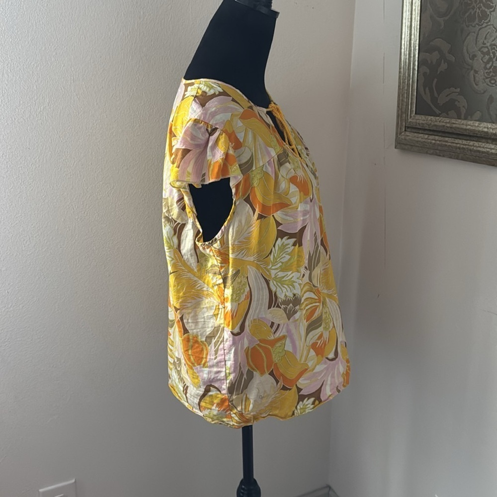Linen‎ Blend by Hester & Orchard floral print yellow hues split collar top Sz XL - Picture 4 of 7